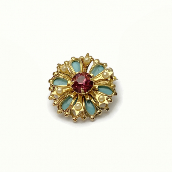 Antique Coro Brooch Pin Small Blue Enamel with Tiny Faux Pearls and Pink Crystal