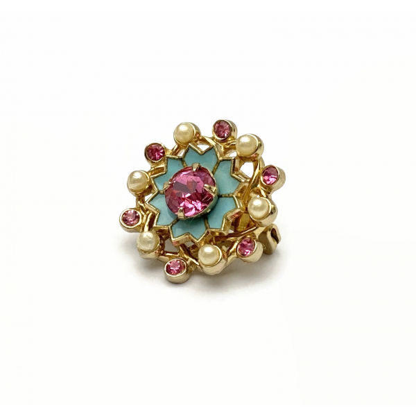 Antique Coro Brooch Small 7/8" Pink and Blue with Tiny Faux Pearls Circa 1919