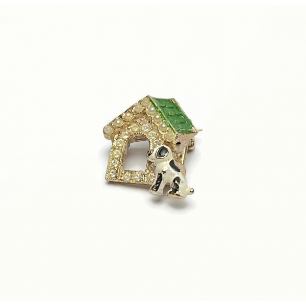 Vintage Tiny Dog and Doghouse Pin Brooch with Rhinestones Enamel and Faux Pearls