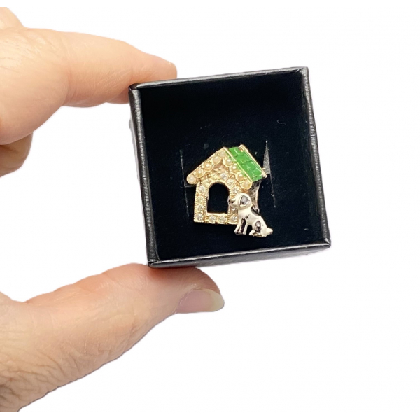 Vintage Tiny Dog and Doghouse Pin Brooch with Rhinestones Enamel and Faux Pearls