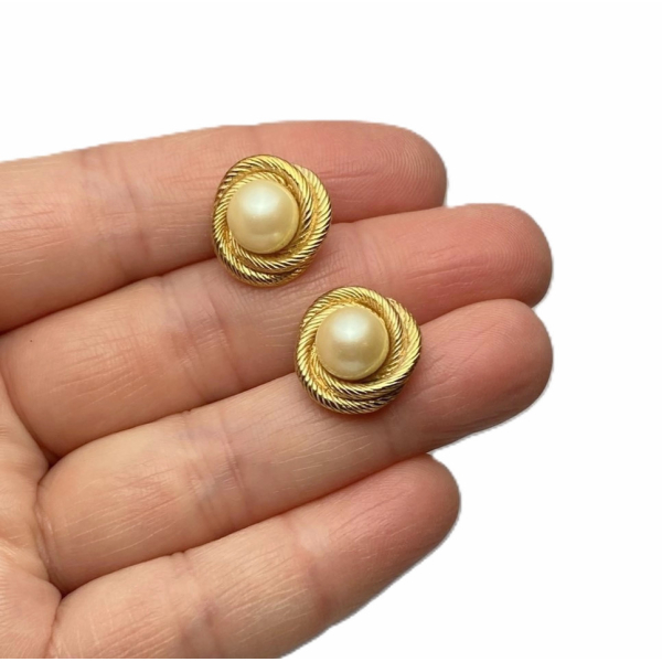 Vintage Monet Gold and Pearl Love Knot Earrings Textured Gold Knot Earrings