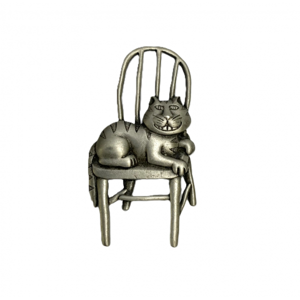 Vintage JJ Jonette Pewter Cat Brooch Cheshire Smiling Tiger Cat Sitting on Chair