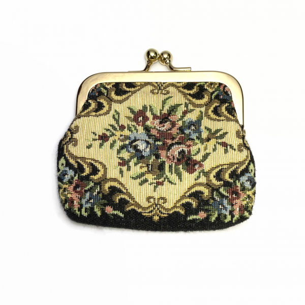 Vintage Floral Tapestry Petit Point Needlepoint Change Purse Kiss Lock