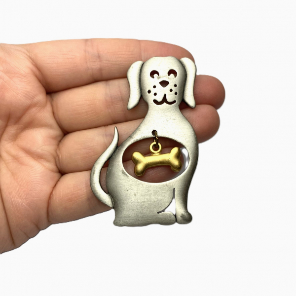 JJ Jonette Pewter Dog Brooch with Bone Charm Silver and Gold Mixed Metal Cute