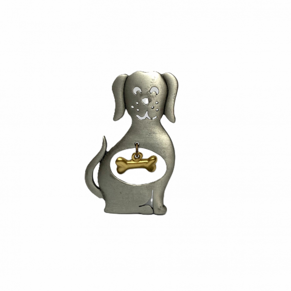 Vintage JJ Jonette Dog Brooch with Bone Charm Pewter Silver and Gold Mixed Metal