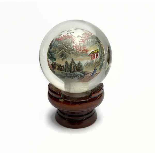 Vintage Chinese Reverse Painted Glass Paperweight Orb with Stand Asian Landscape