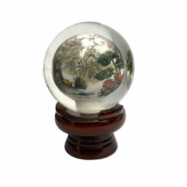 Vintage Chinese Reverse Painted Glass Paperweight Orb with Stand Asian Landscape