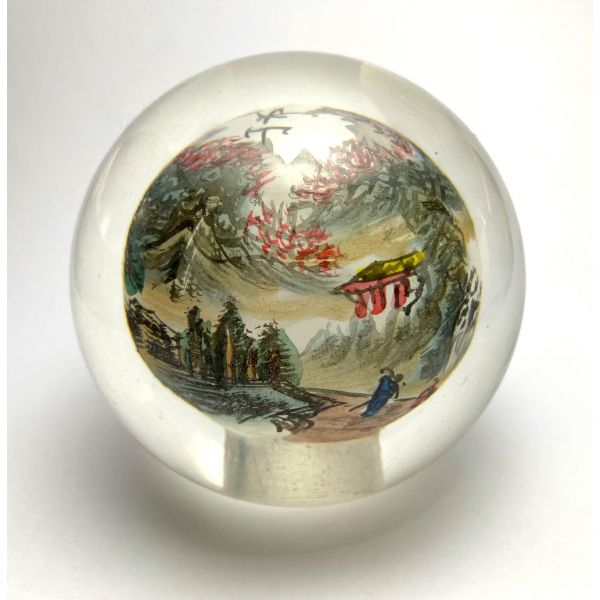 Vintage Asian Reverse Painted Glass Paperweight Orb with Stand Landscape Globe
