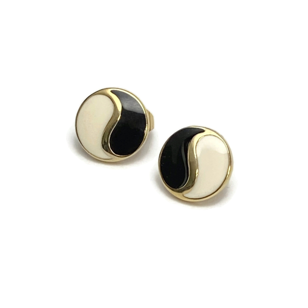Vintage Avon Yin And Yang Clip on Earrings Small Round Black White Enamel