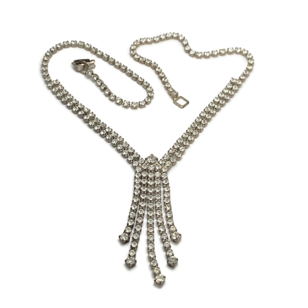 Vintage Pave Rhinestone Necklace Silver Wedding Formal Y Necklace Tassel Fringe