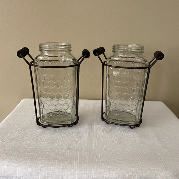 Clear Honeycomb Glass Jars Bottles in Metal Holders Stands Flower Vases