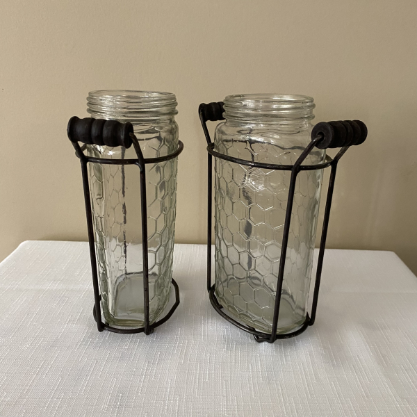 Retro Clear Honeycomb Glass Jars Bottles in Metal Holders Stands Flower Vases