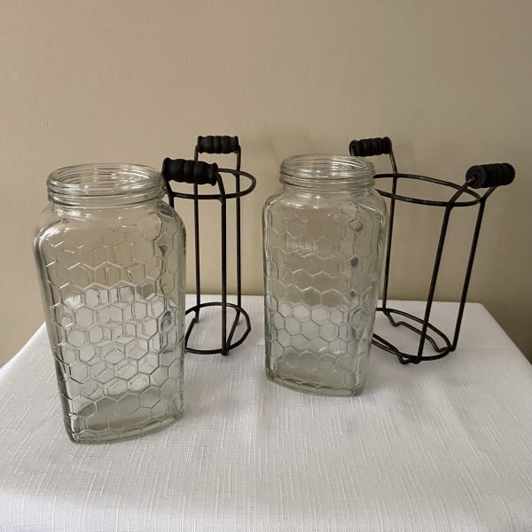 Clear Honeycomb Glass Jars Bottles in Metal Holders Stands Flower Vases