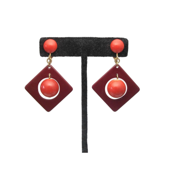 Vintage Orange and Brown Dangle Clip on Earrings Geometric Drop Earrings