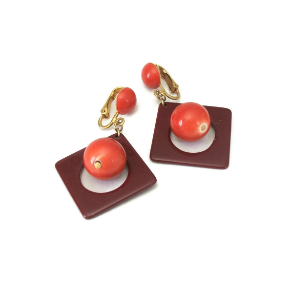 Vintage Orange and Brown Dangle Clip on Earrings Geometric Square and Ball