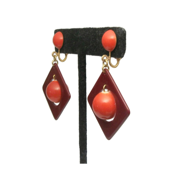 Vintage Orange and Brown Dangle Clip on Earrings Geometric Mid Century