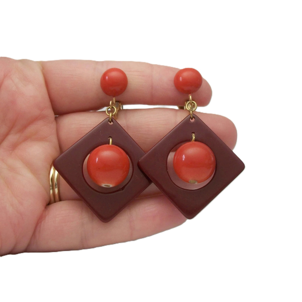 Vintage Orange and Mahogany Brown Dangle Clip on Earrings Geometric