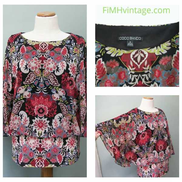 Coco Bianco Women's Blouson Shirt Blouse Floral Kimono Sleeves Size Medium