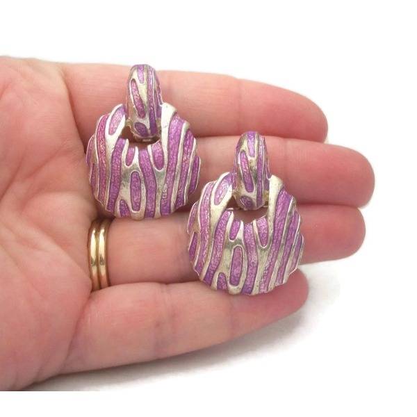 Vintage Purple Zebra Print Clip on Earrings Silver Doorknocker Earrings
