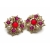 Gold brooch pin and clip earrings set red and purple glass and pearls