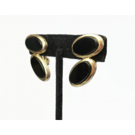 Vintage Black Onyx Clip on Earrings Double Oval Geometric Earrings