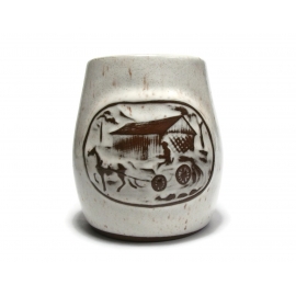 Vintage Onion River Pottery Company White and Brown Horse and Buggy Covered Bridge Ceramic Bud Vase Vessel Holder Relief Image Speckled Onion River Pottery Ceramic Bud Vase Vessel Brown and White Covered Bridge Horse