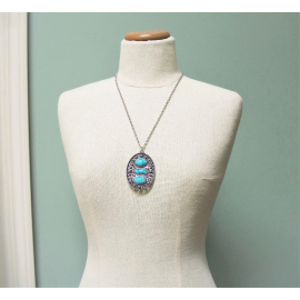 Vintage Large Sarah Coventry Silver and Faux Turquoise Cabochon Pendant Necklace