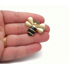 Vintage Gold and Black Enamel Bee Brooch Small Bumblebee Lapel Pin