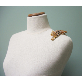 Vintage Panther Leopard Shoulder Brooch Gold with Black Enamel and Pave Clear Crystals Ornate Statement Jewelry Jungle Cat Pin Vintage Gold Panther Shoulder Brooch with Pave Clear Crystal Rhinestones