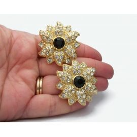 Vintage Pave Rhinestone Flower Clip on Earrings Gold 1 3/8" Diameter Big Sparkly Large Floral Formal Earrings Faux Black Onyx Crystals Big pave rhinestone floral wedding clip on earrings