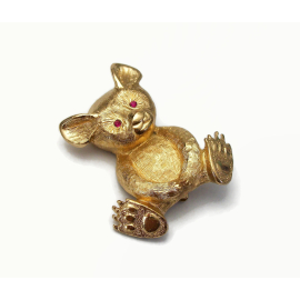 Vintage Napier Teddy Bear Brooch Gold with Pink Rhinestone Eyes Brushed Gold Pin