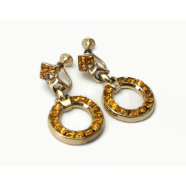 Vintage Topaz Colored Crystal Rhinestone Hoop Drop Clip Earrings