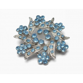 Vintage Silver and Blue Rhinestone Floral Wreath Brooch Lapel Pin Circle Pin