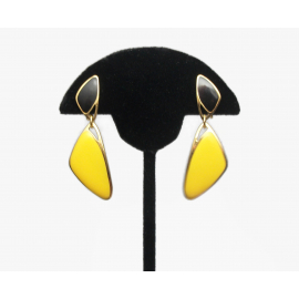 Yellow and Black Enamel Clip on Earrings Geometric Triangle Dangle Drop Earrings