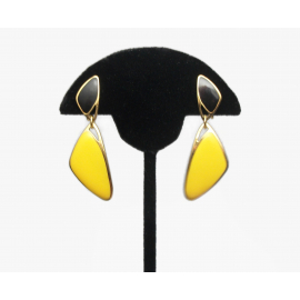 Yellow and Black Enamel Clip on Earrings Geometric Triangle Dangle Drop Earrings Vintage Jewelry Bumblebee Colors Yellow and Black Enamel Clip on Earrings Geometric Triangle Dangle Drop Earrings