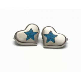 Vintage Trifari Silver Heart Earrings with Turquoise Star Inlay Clip on Earrings