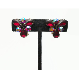 Vintage Signed Weiss Deep Red AB Crystals Clip on Earrings with Red Teardrops