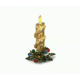 Vintage Candle Christmas Pin Brooch Gold and Enamel Rhinestone Holiday Lapel Pin