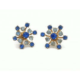 Vintage Coro Two Tone Blue Rhinestone Screw Back Clip on Earrings Gold Floral Starburst Design Mid Century Signed Jewelry Vintage Coro Blue Rhinestone Screw Back Clip on Earrings Gold Floral Starburst