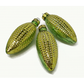 Vintage Set of Three 3 Blown Glass Yellow & Green Corn on the Cob Ornaments Gold