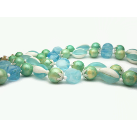 Vintage Blue Green White Plastic Beaded Necklace Made in Hong Kong Double Strand