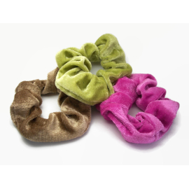 Clone of Velvet Hair Scrunchie Set of Three Fuchsia Pink Moss Green Toffee Brown