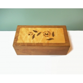 Vintage Wood Inlay Box with Rose Floral Motif Hinged Lid and Velvet Lining Wooden Box Vintage Wood Inlay Box with Rose Floral Motif Hinged Lid Velvet Lining Wooden