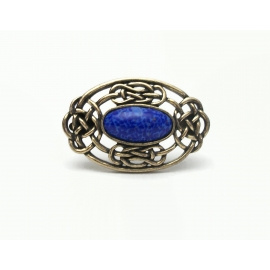 Vintage Signed Miracle Brooch Celtic Knot Pin Antiqued Gold Speckled Blue Stone