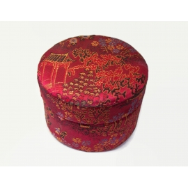 Vintage Asian Red Jacquard Fabric Trinket Box Round