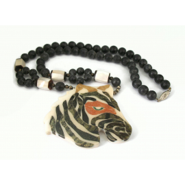 Vintage Large Zebra Head Necklace Mother of Pearl Bead Stone Inlay Black White