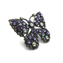 Purple Rhinestone Butterfly Brooch Pin Gunmetal with AB Aurora Borealis Accents