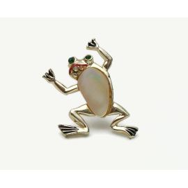 Vintage Mother of Pearl Frog Brooch Lapel Pin Gold with Rhinestone Accents