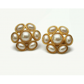 Vintage Napier Pearl Cabochon Floral Clip on Earrings Gold Adjustable Screws