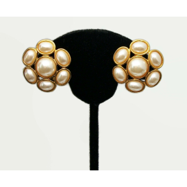 Vintage Napier Pearl Cabochon Clip on Earrings Gold Adjustable Screws Floral
